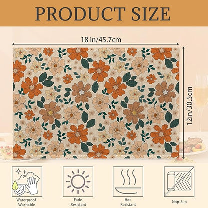 70s Retro Floral Flowers Placemats Set of 6 Washable Table Mats for Kitchen Dining Table,Heat-Resistant Place Mats for Indoor Outdoor Party Holiday Decoration
