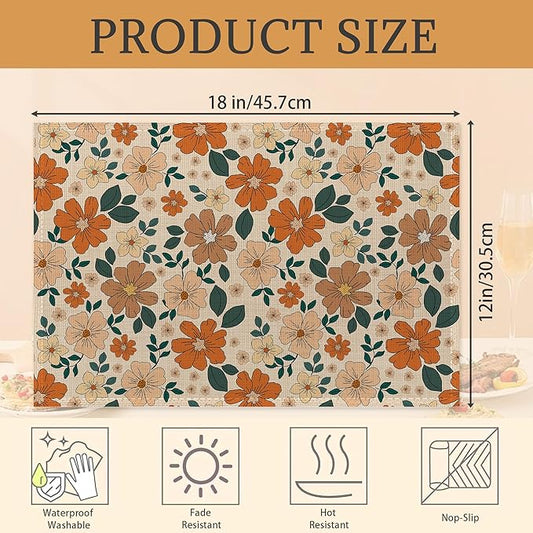 70s Retro Floral Flowers Placemats Set of 6 Washable Table Mats for Kitchen Dining Table,Heat-Resistant Place Mats for Indoor Outdoor Party Holiday Decoration