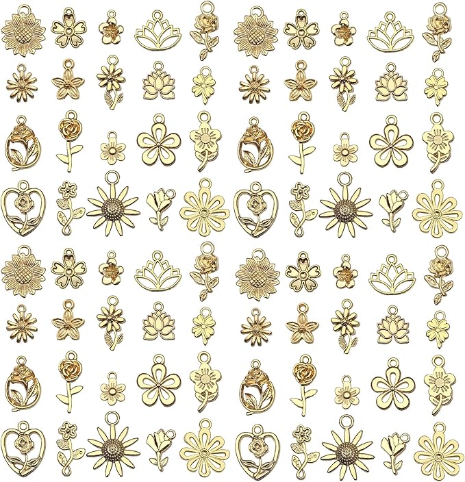 WOCRAFT 60pcs KC Gold Flowers Charms Bracelet Charms for Jewelry Making Sets DIY Necklace Bracelet Keychain Crafting Charms Kit Craft Supplies (SN878)