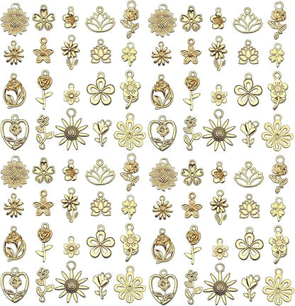 WOCRAFT 60pcs KC Gold Flowers Charms Bracelet Charms for Jewelry Making Sets DIY Necklace Bracelet Keychain Crafting Charms Kit Craft Supplies (SN878)