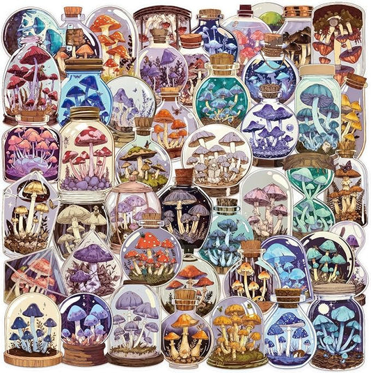 50 Pcs Vintage Mushroom Jar Stickers, Transparent Cartoon Aesthetic Stickers, Waterproof PET Vinyl Decals for Scrapbooking, Journaling, Laptop, Water Bottle, Phone Case Decoration