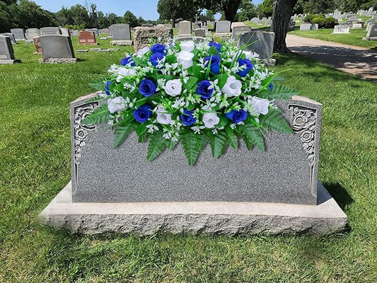 Artificial Cemetery Flowers Saddle-Shaped Tombstone Decorations Non-Fading UV-Resistant（Blue+White Saddle ）