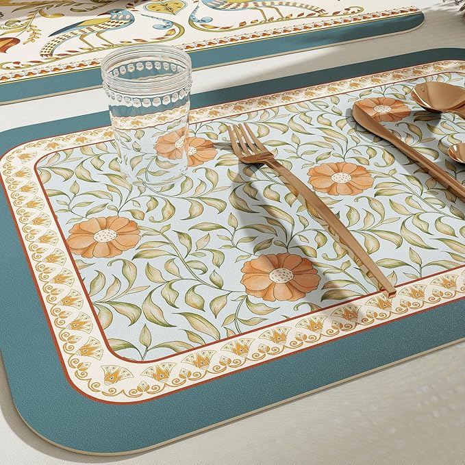 patdrea French Floral Rectangular PVC Placemats, Pack of 6, Waterproof Insulation, Soft and Durable, Suitable for Dining Table, Kitchen and Coffee Table Decoration,12"*17"