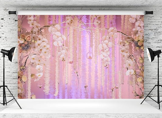 12x8ft Pink Floral Orchid Rose Backdrop Wedding Party Decoration Romantic Flower Wall Hanging Drapes Photo Booth Background for Birthday Baby Shower Engagement Anniversary Bridal Shower