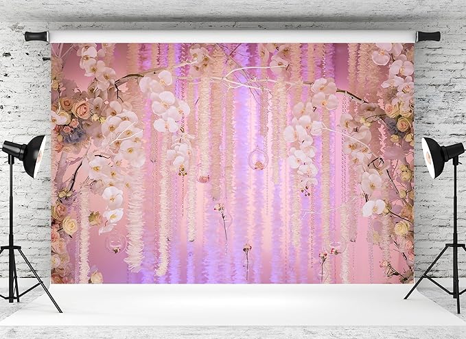 10x6.5ft Pink Floral Orchid Rose Backdrop Wedding Party Decoration Romantic Flower Wall Hanging Drapes Photo Booth Background for Birthday Baby Shower Engagement Anniversary Bridal Shower
