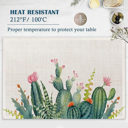 Cute Cactus Placemats Set of 4, Succulent Place Mats Non-Slip Heat Resistant Washable Placemat for Party Kitchen Dining Table Decoration Indoor Outdoor 12x18 Inch