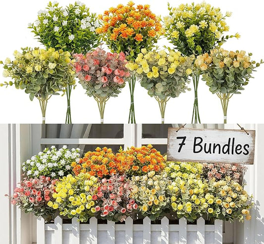 ilauke 7 Bundle Artificial Outdoor Flowers UV Resistant, Realistic Faux Roses in Multicolor for Garden Porch Decoration, All Season Fake Plants Bouquet