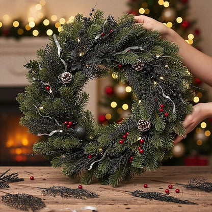 30 Pcs Artificial Christmas Tree Picks and Sprays Glitter Berry Stem Branches Holly Floral Picks Twigs Christmas Tree Ornaments for DIY Xmas Wreath Vase Filler Decorations(Black)