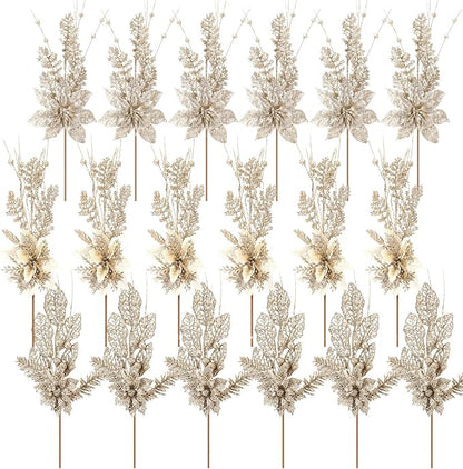 18 Pack 3 Styles 17 Inch Christmas Glitter Poinsettia Berry Stems Ornaments Artificial Floral Branches Picks for Christmas Tree Home Vase Holiday Party Decor(Champagne)