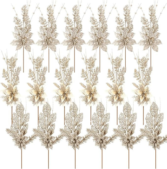 18 Pack 3 Styles 17 Inch Christmas Glitter Poinsettia Berry Stems Ornaments Artificial Floral Branches Picks for Christmas Tree Home Vase Holiday Party Decor(Champagne)