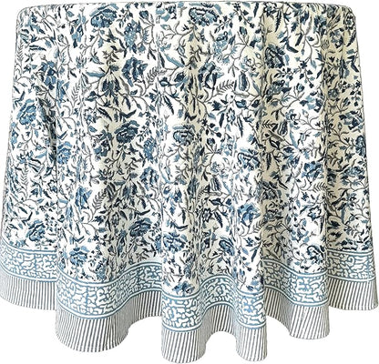 ATOSII Jodhpur Blue 100% Cotton Round Tablecloth, Handblock Print Floral Table Cloth for Kitchen Dining Linen I Parties, Weddings, Outdoors, Christmas I Fall Home Decor 72" Inches Round