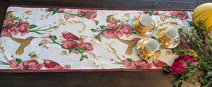 Tache Floral Red Roses Birds Ivory Woven Table Runner - Vintage Tapestry Kitchen Dining Dinner Linens Cloth - 13 x 90 inches