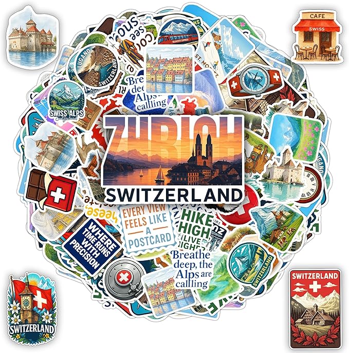 100 PCS Switzerland Stickers Pack, Vinyl Waterproof Decals of Zurich Alps Matterhorn Swiss Flag Cheese Chocolate Travel Souvenirs, Gift for Teens Adults Scrapbook Laptop Water Bottle Car