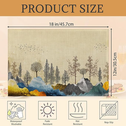 Trees with Mountains Placemats Set of 6 Washable Table Mats for Kitchen Dining Table,Heat-Resistant Place Mats for Indoor Outdoor Party Holiday Decoration（Landscape）