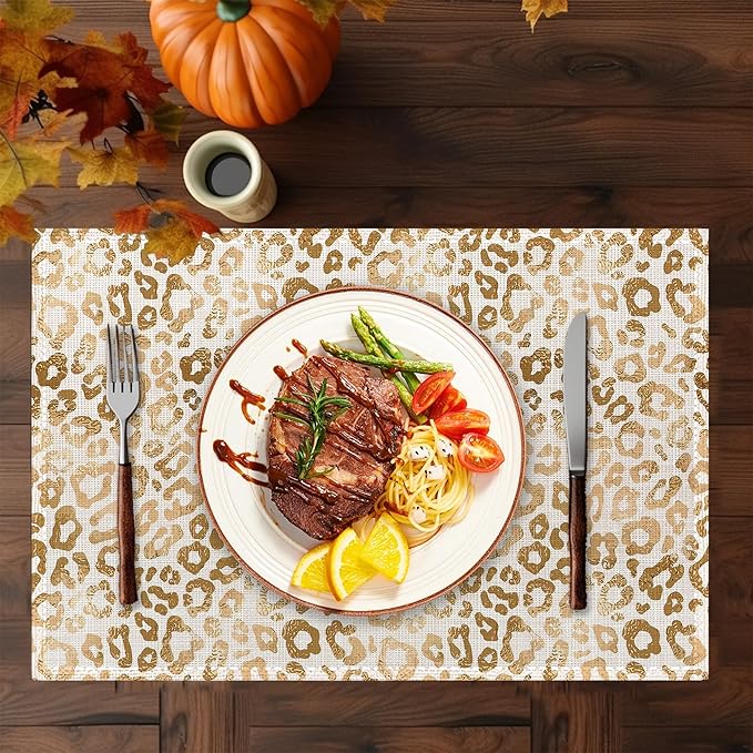 Gold Black Leopard Placemats Set of 6,Washable Heat Resistant 12×18 Inch Linen Table Mats White Gold Place Mats for Party Outdoor Dining Décor