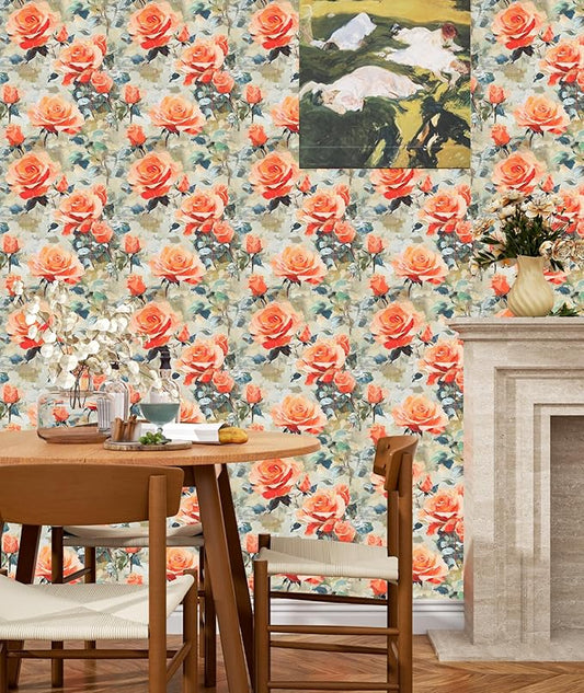 Bright Watercolor Floral Wallpaper Vibrant Flower Wall Paper Stick and Peel Colorful Orange Contact Paper for Bedroom Bedroom Cabinet Removable Renter Friendly 17.5 x 118In