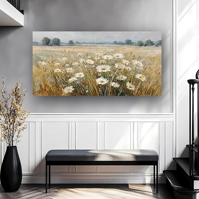 Abstract White Flower Landscape Picture Canvas Art Hanging Living Room Dining Room and bedroom,Grassland scenery Wall Art Prints Modern Style Artwork Waterproof Ready to Hang - 20x40 Inch