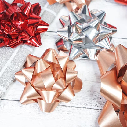 CT CRAFT LLC Gift Bows 22 PCS Set Multi Colored Assorted - Bow x 18 pcs + Kegg Roll x 4 pcs- Silver/Red/Rose Gold, Holiday Christmas Birthday Party Wrapping