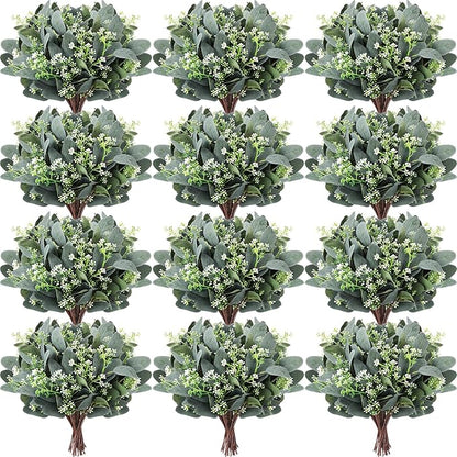 Janinka 90 Pcs Mixed Eucalyptus Leaves Stems Bulk Artificial Eucalyptus Leaves with White Seeds Artificial Silver Dollar Sprays Faux Oval for Floral Wreath Bouquets Wedding Greenery Decoration