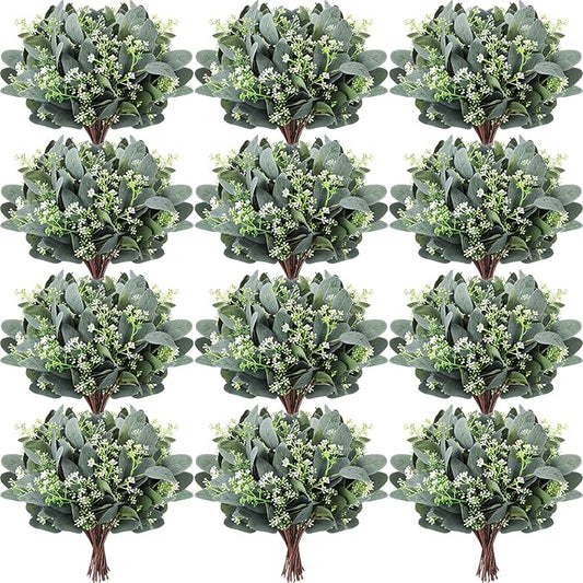 Janinka 90 Pcs Mixed Eucalyptus Leaves Stems Bulk Artificial Eucalyptus Leaves with White Seeds Artificial Silver Dollar Sprays Faux Oval for Floral Wreath Bouquets Wedding Greenery Decoration