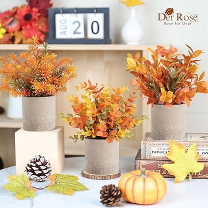 Der Rose 3 Pack Fall Mini Potted Fake Plants Artificial Plastic Eucalyptus Plants Topiaries Fall Decorations for Home Office Desk Farmhouse Room Bathroom Fall Decor