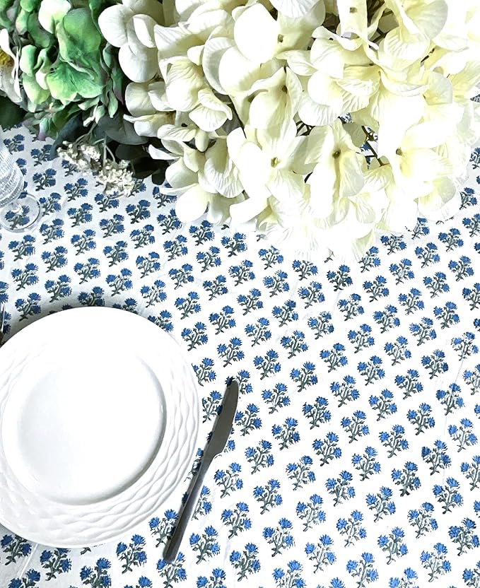 ATOSII Gulbahar Blue 100% Cotton Fall Rectangle Tablecloth, Handblock Print Floral Table Cloth for Kitchen Dining Linen I Thanksgiving Christmas Weddings Outdoors I 72 X 120 Inches I 10 Seater