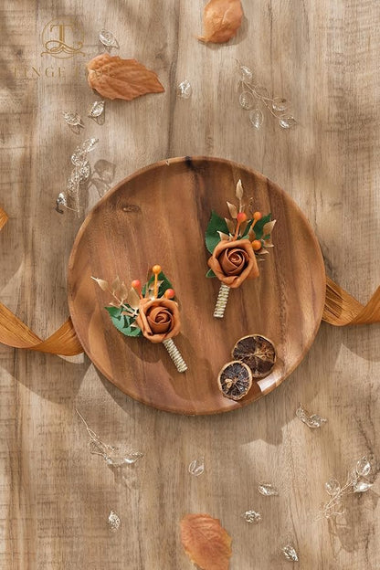 TINGE TIME Boutonniere for Men Wedding,Groom and Best Man Boutonniere for Wedding Ceremony Anniversary, Formal Dinner Party and Rustic Spring Wedding Marriage (2, BurntOrange)