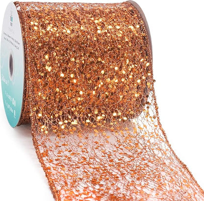 CT CRAFT LLC Sparkling Glitter Mesh Wired Ribbon 4" x 10 Yards Bronze Orange for Christmas Home Decor Bow Gift Wrapping DIY Crafts Wreath
