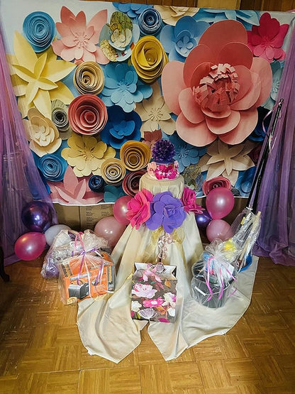 Paper Flower Backdrop for Mother's Day - Colorful Flowers Wall Photography Background - Lovely Style Blue Pink - Women Girls Birthday Party Decoration - Portraits Shooting Props (7x5ft)