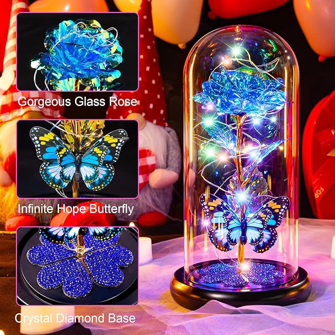 Pusuny Christmas Rose Gifts for Women Galaxy Glass Rose Forever Eternal Crystal Flower Birthday Gift Light Up Roses in Glass Dome with Butterfly Xmas Gifts for Women Mom Grandma Wife Her Sister Blue
