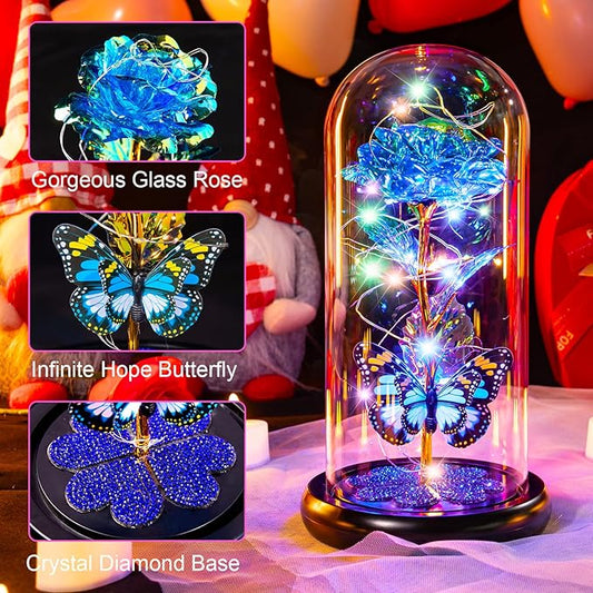 Pusuny Christmas Rose Gifts for Women Galaxy Glass Rose Forever Eternal Crystal Flower Birthday Gift Light Up Roses in Glass Dome with Butterfly Xmas Gifts for Women Mom Grandma Wife Her Sister Blue