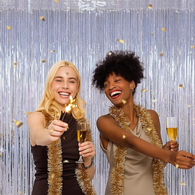 4 Pack New Year Party Fringe Backdrop, 3.28 FT x 7.05 FT Glitter Silver Tinsel Curtains, Metallic Foil Streamer Disco Fringe Backdrop Party Curtains, Birthday Party Supplies Disco Decorations