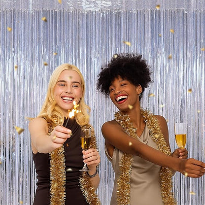 4 Pack New Year Party Fringe Backdrop, 3.28 FT x 7.05 FT Glitter Silver Tinsel Curtains, Metallic Foil Streamer Disco Fringe Backdrop Party Curtains, Birthday Party Supplies Disco Decorations