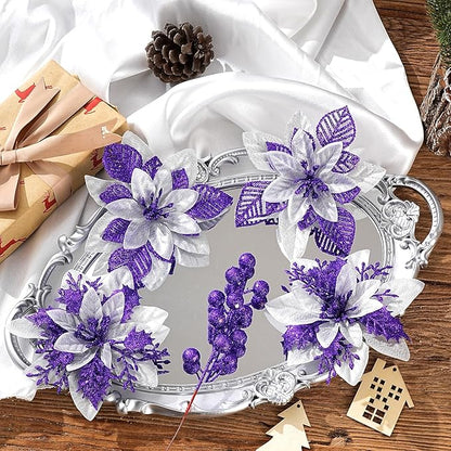 24 Pcs Purple Boxed Christmas Poinsettia Flowers Set, 16 Pcs Artificial Poinsettias with Clips, 8 pcs Glitter Christmas Tree Ornaments Berry Stems for Wedding Home Holiday Xmas New Year Decorations