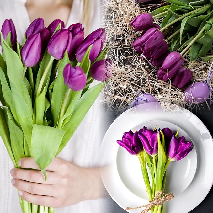 Sggvecsy 30 Pcs Fake Tulips Artificial Flowers Real Touch PU Faux Flowers Tulip Stems for Wedding Spring Bouquet Floral Arrangement Home Party Office Decorations for Mother's Day (Purple)