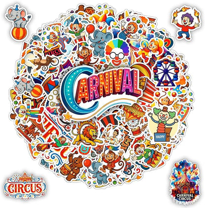 100 PCS Carnival Circus Stickers Pack, Vinyl Waterproof Decals of Clowns Popcorn Ferris Wheel Elephants, Fun Gift for Students Teens Adults Birthday Laptop Bottle Scrapbook Birthday Christmas