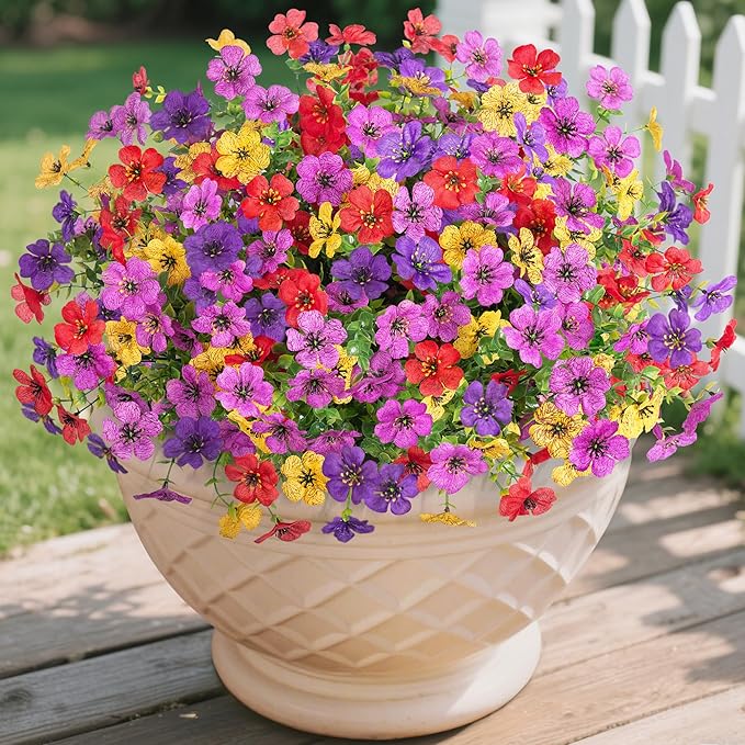 Fall Mums Artificial Flowers for Outdoors Potted, 12 Bundles Fake Fall Daisy Flower with Realistic Eucalyptus Leaves, Fake Plants for Greenery Boxwood Porch Patio Garden Pot Lawn