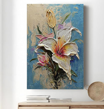 moshinart 24 x 36in Hand-Painted Oil Painting 3D Texture Black White Grey Modern Minimalist Black Abstract Wall Art, Home Office Wall Decoration Lily