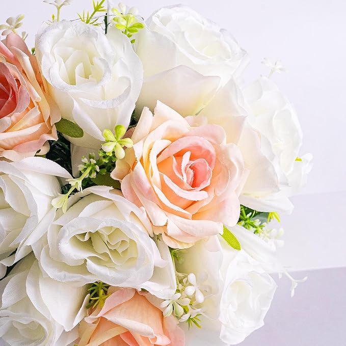 Wedding Bouquets for Bride - Realistic Silk Flowers Artificial Roses, 8 Inch Bridesmaid Bouquet for Ceremony, Church, Anniversary, and Home Decoration (White & Blush Champagne)
