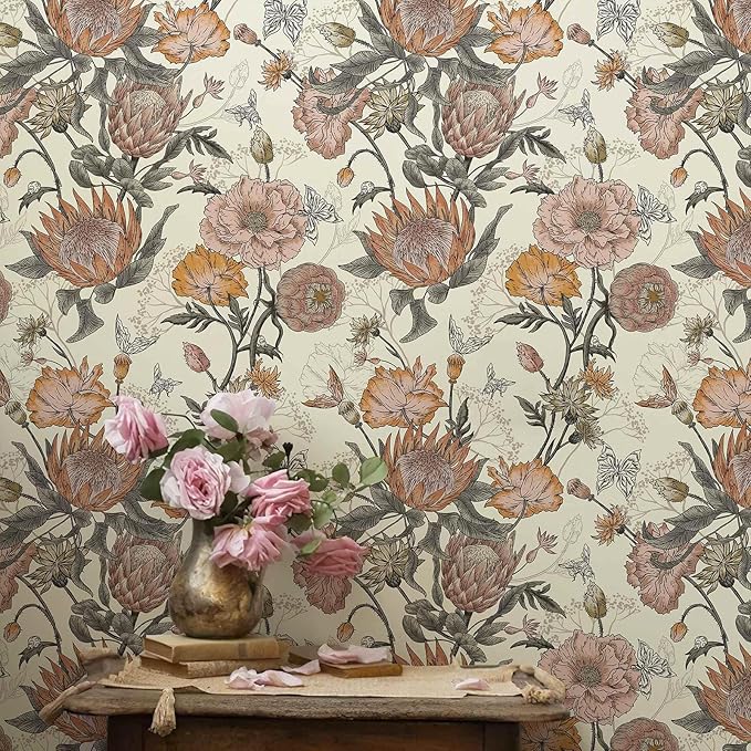 Floral Wallpaper Peel and Stick Floral Contact Paper Yellow and Pink Vintage Wall Paper Removable Self Adhesive Vinyl Stick on Wallpaper for Bathroom Bedroom Decor 17.3in x 118in