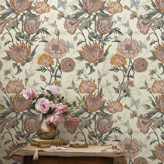 Floral Wallpaper Peel and Stick Floral Contact Paper Yellow and Pink Vintage Wall Paper Removable Self Adhesive Vinyl Stick on Wallpaper for Bathroom Bedroom Decor 17.3in x 118in