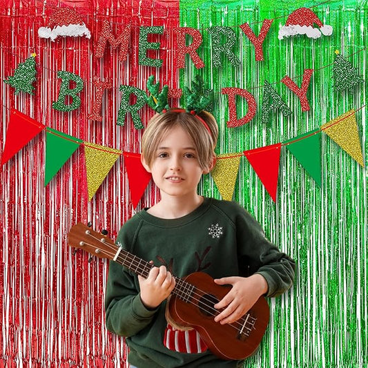 BRAVESHINE Tinsel Foil Fringe Curtains - 2 Pack 3.2 x 8.2 ft Metallic Photo Booth Streamer Backdrops for Birthdays Fiestas Melons Hawaiian Luau Tropical-Theme Christmas Party Decorations - Red Green
