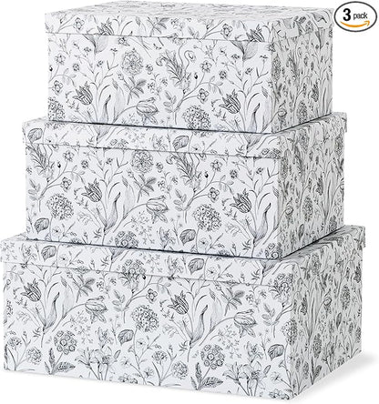 Soul & Lane Decorative Cardboard Storage Boxes For Home Décor - Modern Meadow - Set of 3: Floral Paperboard Nesting Storage With Lids, Memory Boxes For Keepsakes And Photos, Gift Set For Presents