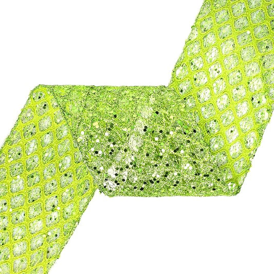 VATIN 4" Apple Green Christmas Ribbon, Green Glitter Mesh Diamond Web Sequin Dots Wired Christmas Ribbon for Gift Wrapping Bow Making Wreath Supply-10 Yards
