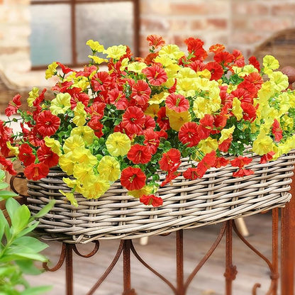 Artificial Mums for Outdoors Fake Fall Flowers Plants for Autumn Decoration, 12 Bundles Silk Morning Glory with Eucalyptus Look Real UV Resistant Faux Mums for Outside Planters Yard Patio Porch, Mix
