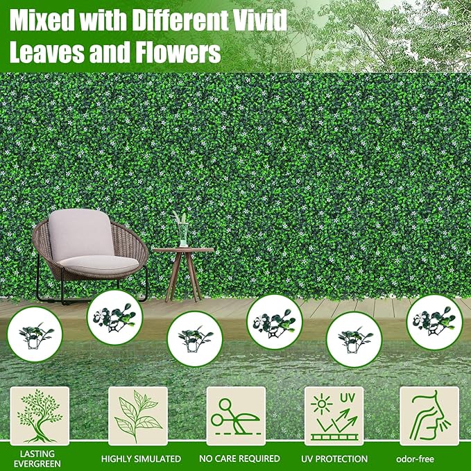 EverNture 40"x120"(33.3 SQFT) Grass Wall Panels, Artificial Grass Backdrop, Fake Greenery Plant Boxwood Roll with Flower, Green Wall Decor for Outdoor Indoor Patio Garden Backyard