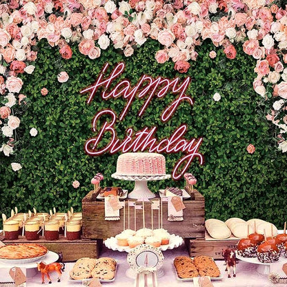 Riyidecor Happy Birthday Backdrop Backdrop Polyester Fabric Pink Rose Neon Flower Wall Green Leaves 5Wx3H Feet for Women Floral Blossom Photography Background Birthday Baby Shower Photo Studio Shoot