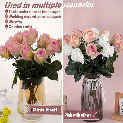 12pcs Half Opened Artificial Rose Buds,17 Inch Real Touch Silk Roses with Partially Opened Flowers, Artificial Flower for Home Décor Centerpiece Wedding Bouquet,Pink
