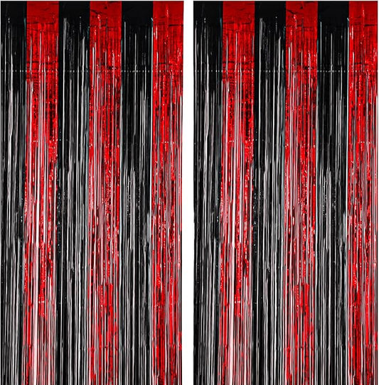 2 Pack 3.3x8.2 Feet Red and Black Foil Fringe Backdrop Curtains, Tinsel Streamers Birthday Party Decorations, Fringe Backdrop for Graduation, Movie Night, Horror Party