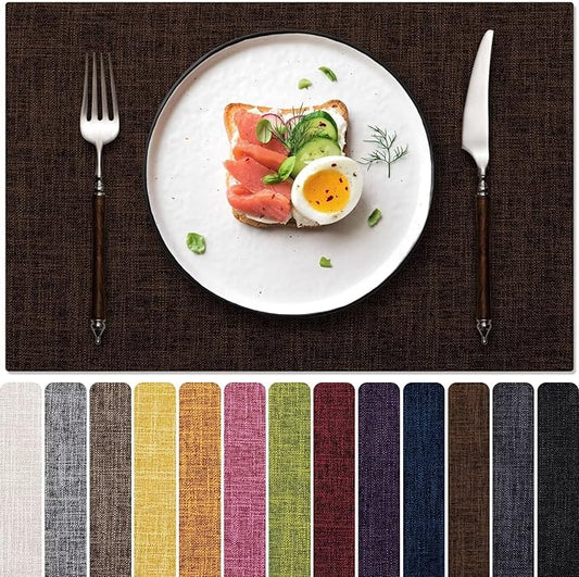 Blue Forest Placemats Set of 6, Dual-Layered Thickened Faux Linen Cloth Place Mats Heat Resistant Machine Washable Wrinkle Free Table Mats Indoor/Outdoor (Brown)